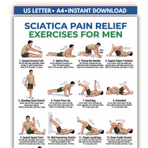 Könnte beinhalten: Ein weißes Lehrplakat mit dem Titel Sciatica Pain Relief Exercises for Men, das zwölf nummerierte Illustrationen einer Person in beigem T-Shirt und dunkler Shorts zeigt, die verschiedene Dehnübungen und Bewegungen mit Textanleitungen ausführt.