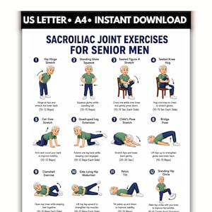 以下が含まれることがあります： SACROILIAC JOINT EXERCISES FOR SENIOR MENというタイトルのデジタルポスター。高齢者が様々なストレッチを行う12の番号付きイラストが掲載されています。テキストにはUS LETTER、A4、INSTANT DOWNLOAD、および各エクササイズの回数を含む手順が記載されています。