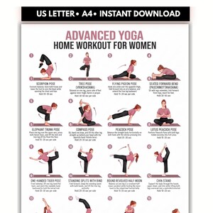 May include: A digital poster titled ADVANCED YOGA HOME WORKOUT FOR WOMEN featuring sixteen numbered illustrations of a person in various yoga poses, including Scorpion, Tree, Flying Pigeon, and Lotus Peacock, with instructional text for each.