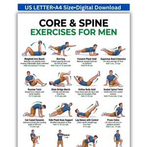May include: A digital download poster titled CORE & SPINE EXERCISES FOR MEN in US Letter and A4 size. The white chart features twelve illustrated figures in blue shirts and tan shorts performing various fitness movements with instructional text.