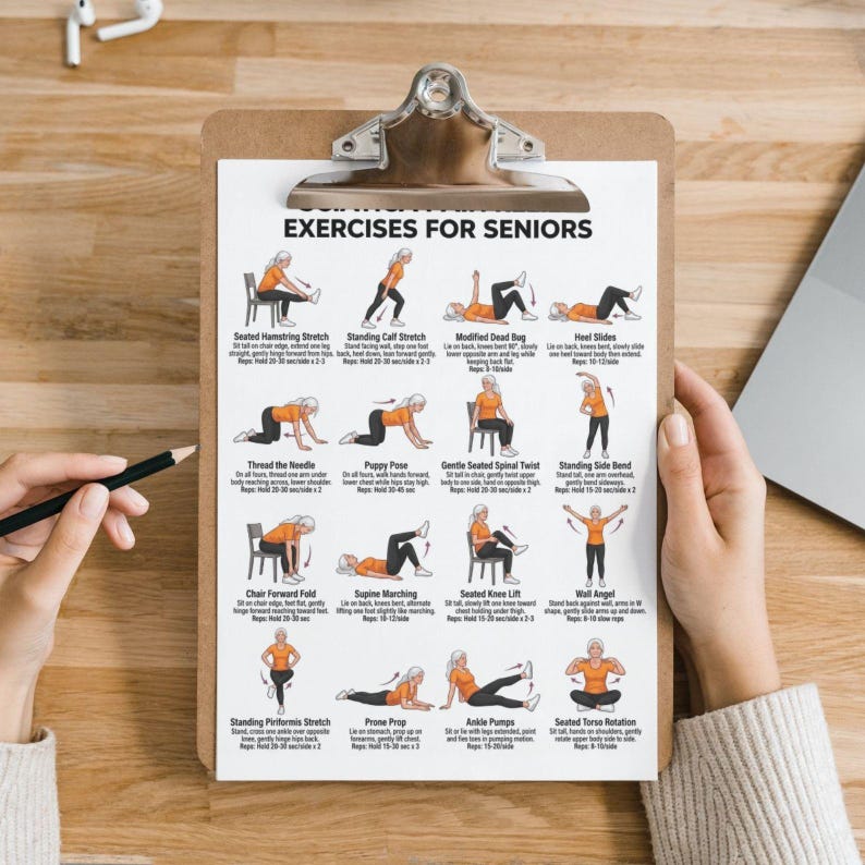 May include: A white instructional chart titled EXERCISES FOR SENIORS on a brown clipboard. The chart features twelve illustrated figures in orange shirts and black leggings performing various stretches and movements with descriptive text below each.