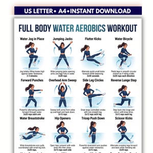 May include: A digital poster titled FULL BODY WATER AEROBICS WORKOUT featuring twelve illustrations of a person in dark blue athletic wear performing exercises in water. Text includes US LETTER, A4, INSTANT DOWNLOAD, and exercise instructions.
