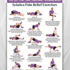 以下が含まれることがあります： Sciatica Pain Relief Exercisesと題されたデジタルチャート。紫のシャツと黒のショートパンツを着用した人物が、チャイルドポーズ、骨盤の傾き、ヒップリフトなど、12種類のストレッチ運動を行っている様子が描かれたイラストレーション。