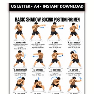 May include: A white instructional poster titled BASIC SHADOW BOXING POSITION FOR MEN featuring twelve numbered illustrations of a person in a brown t-shirt and black shorts demonstrating various boxing stances, punches, and defensive movements with text.