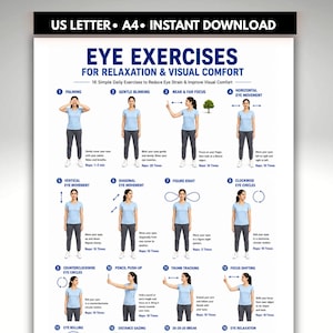 May include: A white informational poster titled EYE EXERCISES FOR RELAXATION & VISUAL COMFORT. It features 16 numbered illustrations of a person in a light blue t-shirt and dark pants demonstrating various eye movements and techniques for visual health.