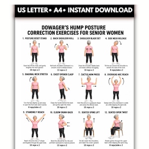 Puede incluir: Un póster digital titulado Dowager's Hump Posture Correction Exercises for Senior Women, que presenta doce ilustraciones numeradas de una persona con camiseta rosa y leggings negros demostrando movimientos con instrucciones de texto.