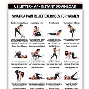Könnte beinhalten: Ein weißes Informationsplakat mit dem Titel SCIATICA PAIN RELIEF EXERCISES FOR WOMEN, das zwölf illustrierte Figuren bei verschiedenen Dehnübungen und Bewegungen zeigt, inklusive beschreibender Anleitungen und Wiederholungszahlen.