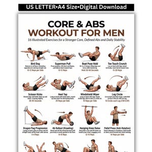 Men’s Core & Abs Workout Chart, Printable Exercise Guide, Home Gym Poster, Digital Download
