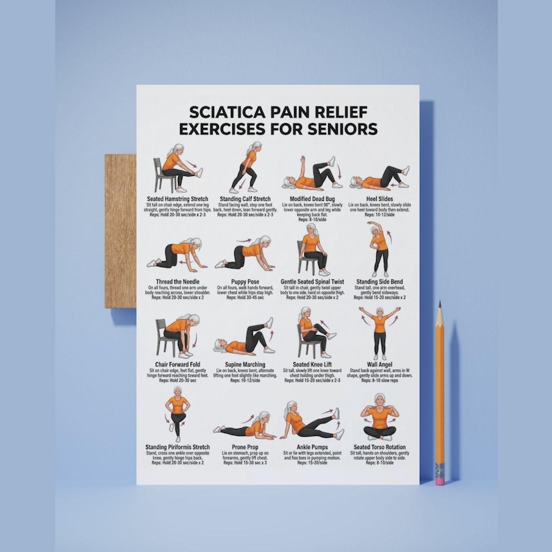 May include: A white instructional poster titled Sciatica Pain Relief Exercises for Seniors, featuring twelve illustrated figures in orange shirts performing various stretches and movements with descriptive text and repetition instructions for each exercise.