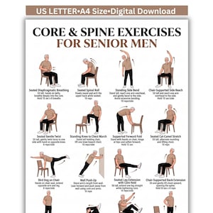 May include: A digital download chart titled Core & Spine Exercises for Senior Men, featuring twelve illustrated figures demonstrating various physical movements. Each exercise includes a descriptive label and instructions for repetitions and duration.
