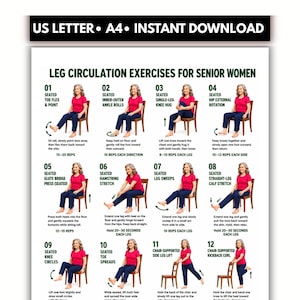 Può includere: Un poster digitale intitolato LEG CIRCULATION EXERCISES FOR SENIOR WOMEN con dodici illustrazioni numerate di una persona in camicia rossa e pantaloni blu che esegue esercizi da seduta su una sedia di legno. Include testo US LETTER e A4.