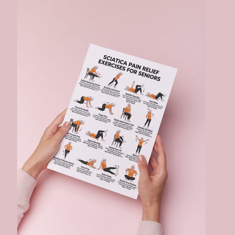 May include: A white informational poster titled Sciatica Pain Relief Exercises for Seniors, featuring black text and multiple small illustrations of a person in an orange shirt performing various physical stretches and movements on a white background.