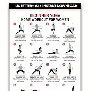 Könnte beinhalten: Ein digitales Poster mit dem Titel BEGINNER YOGA HOME WORKOUT FOR WOMEN, das sechzehn nummerierte Illustrationen von Yoga-Posen mit beschreibenden Textanweisungen enthält. Das obere Banner zeigt US LETTER A4 INSTANT DOWNLOAD.
