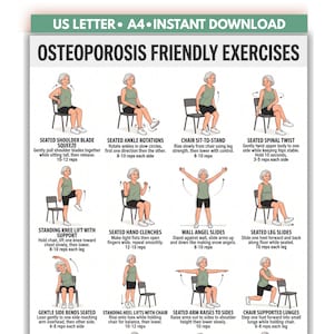 May include: A digital chart titled OSTEOPOROSIS FRIENDLY EXERCISES featuring twelve illustrations of a person in a green tank top and black shorts performing various movements with chairs, including seated twists, leg lifts, and wall slides.