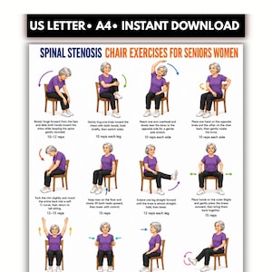 Op de afbeelding: Een digitale instructieposter getiteld Spinal Stenosis Chair Exercises for Seniors Women, met twaalf illustraties van een persoon in een paars shirt en zwarte broek die zittende oefeningen uitvoert op een houten stoel met tekstuele instructies.