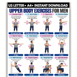 Könnte beinhalten: Eine digitale Übersicht mit dem Titel UPPER BODY EXERCISES FOR MEN, die zwölf nummerierte Illustrationen einer Person zeigt, die Übungen wie Schulterrollen, Bizepscurls und Wandliegestütze mit Textanweisungen und Wiederholungszahlen demonstriert.