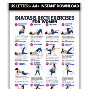 May include: A digital exercise chart titled Diastasis Recti Exercises for Women, featuring sixteen numbered illustrations of physical movements. The poster includes text instructions for each exercise, such as belly vacuum, pelvic tilt, and glute bridge.