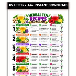 May include: A digital chart titled Herbal Tea Recipes 7 Day Meal Plan with US Letter and A4 instant download text. It features daily tea recipes with ingredients, instructions, benefits, prep time, and serving icons for each of the seven days.
