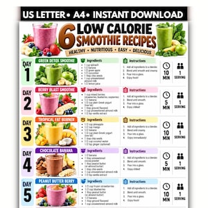 May include: A digital chart titled 6 Low Calorie Smoothie Recipes featuring five daily smoothie plans with ingredients, instructions, prep times, and serving sizes. The document includes images of various fruit and vegetable smoothies.