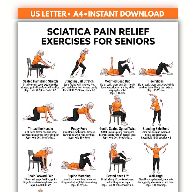 May include: A digital chart titled Sciatica Pain Relief Exercises for Seniors, featuring twelve illustrated figures in orange shirts and black leggings demonstrating various stretches and movements with instructional text for each exercise.