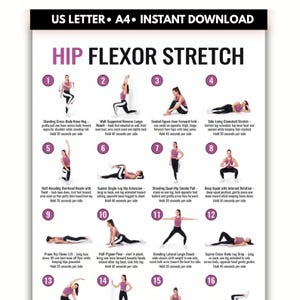 May include: A digital instructional poster titled Hip Flexor Stretch featuring sixteen numbered illustrations of a person in a pink tank top and black leggings performing various stretching exercises with descriptive text for each movement.