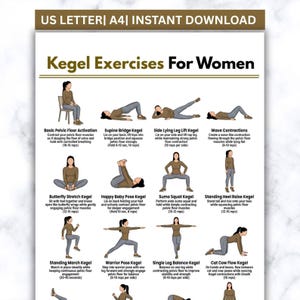 Könnte beinhalten: Ein Lehrplakat mit dem Titel Kegel Exercises For Women, das zwölf Illustrationen einer Person in einem braunen Langarmshirt und grauer Hose bei verschiedenen Übungen zeigt, inklusive beschreibender Texte und A4-Download-Informationen.