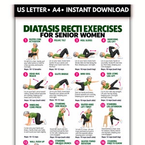 May include: A white instructional poster titled DIATASIS RECTI EXERCISES FOR SENIOR WOMEN featuring sixteen numbered illustrations of a person performing various physical movements. The text includes US LETTER and A4 format labels.