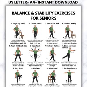Balance & Stability Exercises for Seniors | Senior Balance Exercise Chart | Fall Prevention Workout Printable | Instant Download