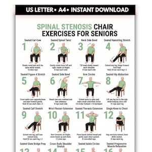 Może przedstawiać: Biały plakat instruktażowy zatytułowany Spinal Stenosis Chair Exercises for Seniors zawierający dwanaście numerowanych ilustracji osoby w zielonej koszuli i czarnych spodniach wykonującej ćwiczenia na siedząco wraz z opisem tekstowym.