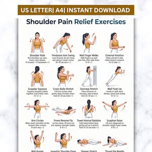 Shoulder Pain Relief Exercises Printable, Rotator Cuff Stretches, Shoulder Mobility and Upper Body Workout Chart