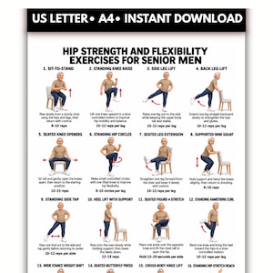 以下が含まれることがあります： Hip Strength and Flexibility Exercises for Senior Menというタイトルの白い情報ポスター。様々なエクササイズを行う人物の16の番号付きイラストと、各動作のテキストによる説明および回数が記載されています。