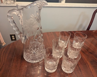 Antique 7 Pc American Brilliant Cut Crystal Pitcher & 6 Glass Set