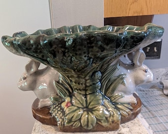 Vintage Majolica Style Rabbit Pedestal Bowl Compote Centerpiece