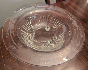 Clear Glass Footed Bowl Vintage Paden City Maya Floral Wheel Cut