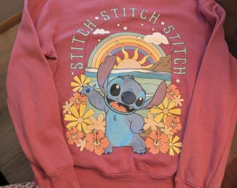 Disney Stitch Sweatshirt Women's Size L Pink Rainbow  sun print