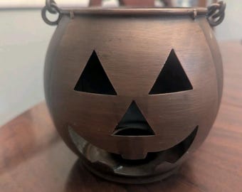 Metal Halloween Jack-O-Lantern Pumpkin Cauldron Handled Candle Votive Holder