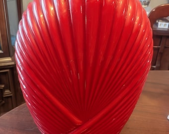 Vtg 80’s Red Abstract Pleated Anchor Hocking Glass Art Deco Revival Flower Vase