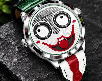 Men's Joker Face Watch, Animated Rolling Eye Dial, Leather Strap Wristwatch