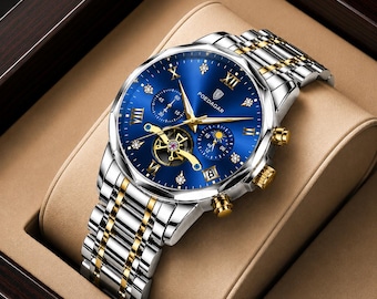 Regalo para el Día del Padre: Reloj de pulsera cronógrafo de acero inoxidable, tonos plata, azul y negro.