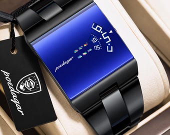 Reloj Poedagar futurista de acero inoxidable / Reloj de pulsera geométrico cyberpunk, esfera azul