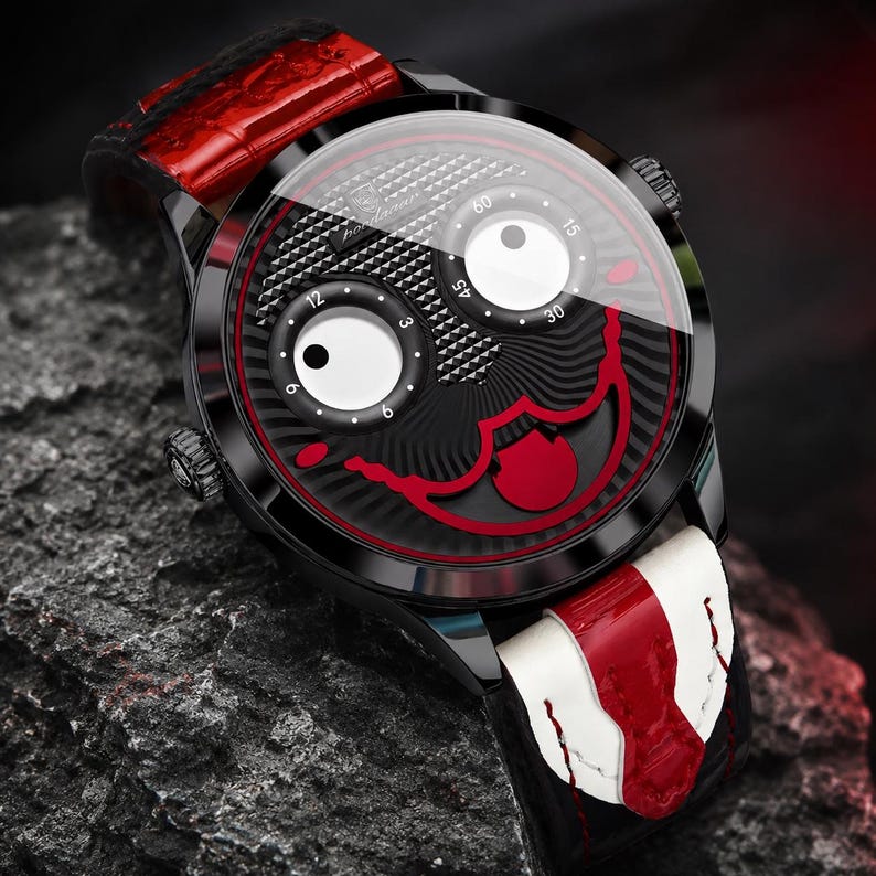 Reloj de pulsera para hombre con diseño de la cara del Joker, esfera animada con ojos móviles y correa de cuero. Negro