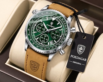 Reloj cronógrafo Poedagar para hombre – Reloj deportivo de pulsera de ante estilo piloto