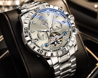Poedagar Luxury Men's Automatic Skeleton Tourbillon Watch, Stainless Steel Mechanical Wristwatch, Gold Silver Finish