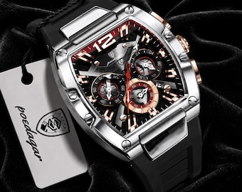Poedagar Men's Tonneau Chronograph Watch – Sport Silicone Strap, Waterproof Wristwatch
