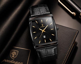 Reloj de pulsera rectangular de lujo Poedagar para hombre, correa de cuero texturizado, movimiento de cuarzo, estilo clásico.
