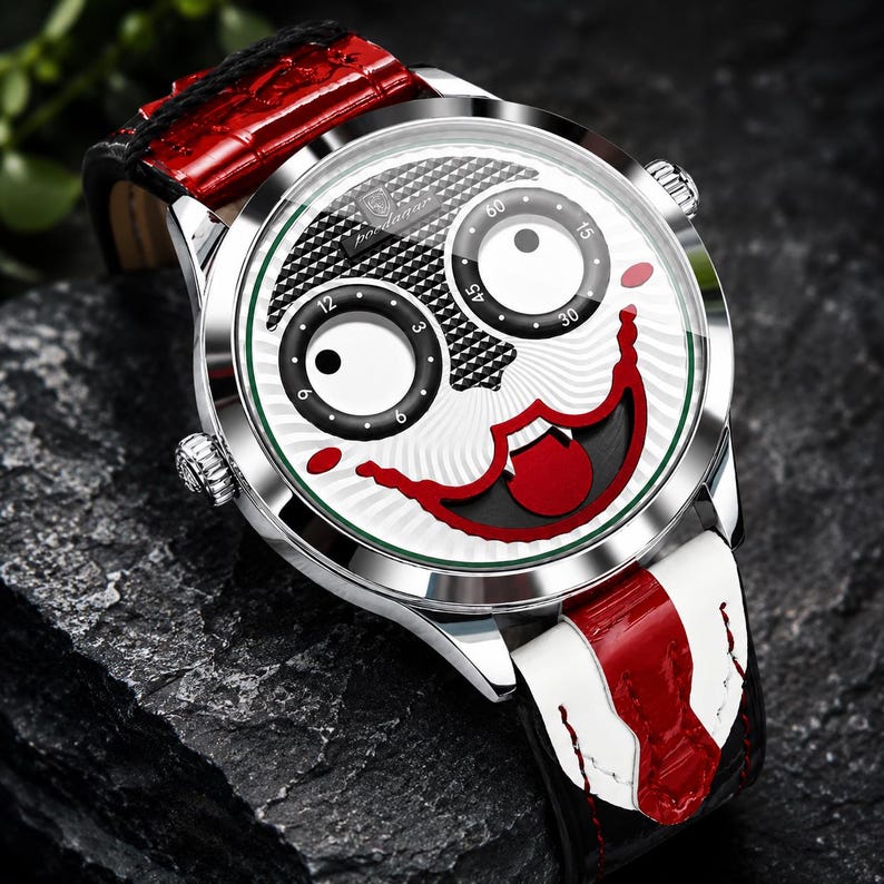 Puede incluir: Un reloj de pulsera con caja plateada y esfera blanca que presenta un dise&ntilde;o de rostro estilizado con dos subesferas circulares para los ojos, una boca roja y una lengua. El reloj tiene una correa de cuero roja y blanca con acabado texturizado.