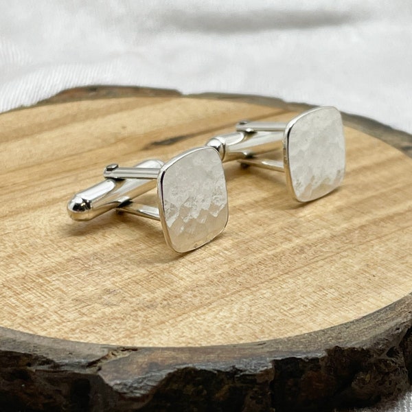 Silver Cuff Links - Solid 925 Sterling Pair of Square Hammered Cufflinks Handmade From Recycled Eco Silver