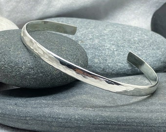 Silver Cuff Bangle - Ladies Classic Solid Sterling Silver 925 Open Hammered  Bracelet Handmade From Recycled Eco Silver