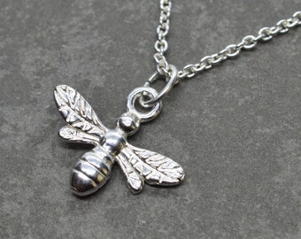 Silver Bee Necklace - Solid Sterling 925 Worker Bee Honey Bumble Bee Queen Busy Bee Pendant Charm