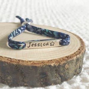 Personalised Liberty of London Fabric Bracelet with Sterling Silver 925 Name Bar Plate Ribbon Friendship Bracelet